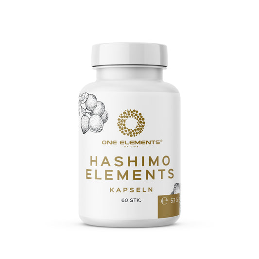Weisse Dose Frontansicht mit Inhalt HASHIMO ELEMENTS Kapseln, Etikett zeigt Logo und 60 Kapseln Hinweis, geeignet für Personen mit Hashimoto-Thyreoiditis.